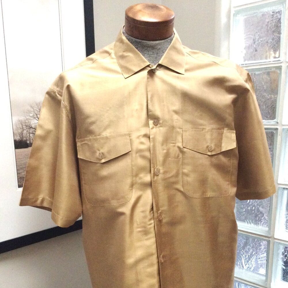 Men's Thai Silk Shirt XL Custom Made Short Sleeve Gold Color